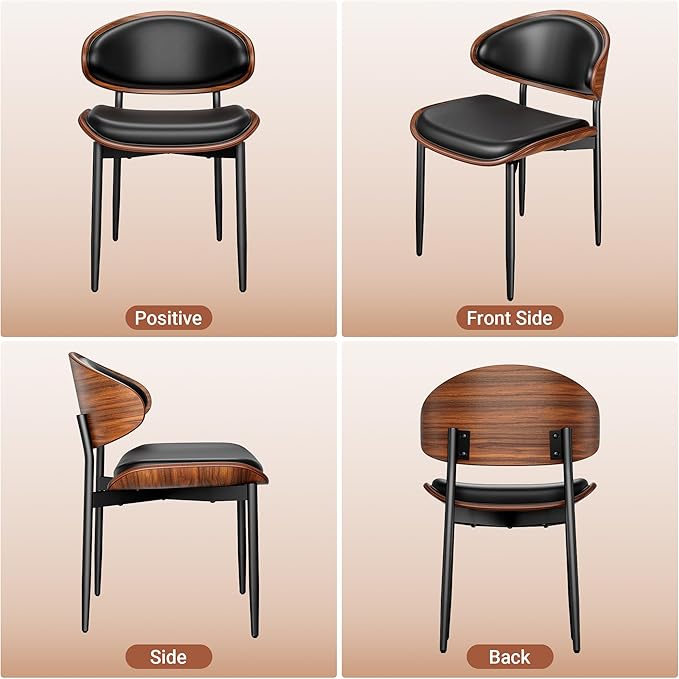 Dining Chairs Set of 4, Dining Room and Kitchen Chairs, Mid Century Modern Retro Chair, Upholstered PU Leather Chairs for Vanity with Walnut Bentwood and Metal Legs (Black)