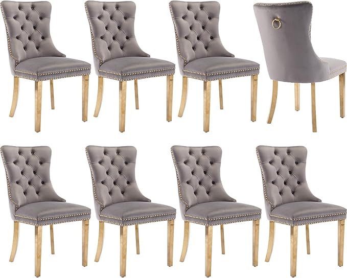 Luxury Upholstered Dining Chairs Set of 8, Grey Kitchen Chair with Golden Metal Legs, Velvet Tufted Back Dining Chair, Sillas de Comedor, Modern Kitchen & Dining Room Chairs (Gray, 8 Pcs)