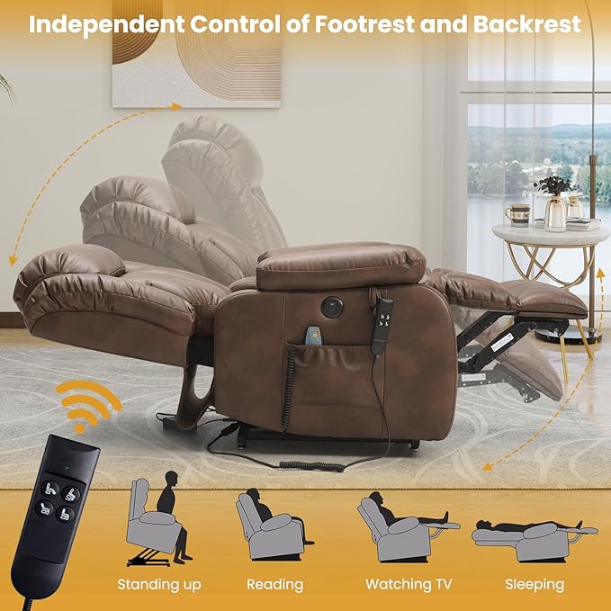 PARKOL Dual Motor Power Lift Recliner Chair for Elderly, 180-Degree Infinite Position Lay Flat Leather Recliner Chairs, with Massage and Heating, USB & Type-C Port and Remote (Ochre, Medium)