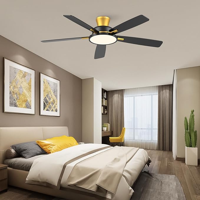 TALOYA 52 inch Ceiling Fans with Lights and Remote,Ultra Silent low profile Ceiling Fan with Three Color Temperature and Dimmable Light with Reversible Blades Black Gold