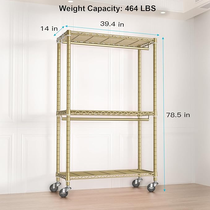 FUTASSI P3 Rolling Clothes Rack, Clothing Racks for Hanging Clothes, Heavy Duty Garment Rack with Wheels, Freestanding Portable Closet Organizer 39.4'' W x 14'' D x 78.5'' H, Max Load 464 LBS, Gold