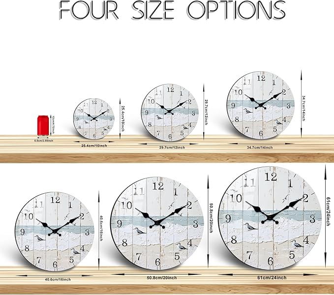 Quiet Rustic Wooden Wall Clock with Tempered Film - 10 Inch Coastal Round Wall-Clock Battery Operated Silent Vintage Clocks for Farmhouse, Bedroom Decor