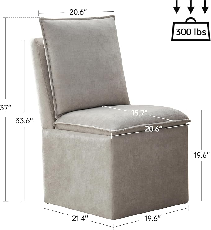 VKNOW Upholstered Dining Chairs, Modern Rolling Chairs with Storage and Wheels, Linen Armless Chair with Cushion and Backrest, Dining Room Chairs for Living Room Kitchen Bedroom, Light Grey