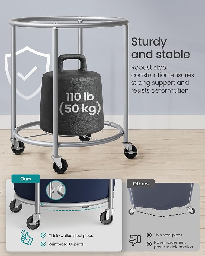 SONGMICS 50.2-Gallon (190 L) Laundry Basket with Wheels, Rolling Round Heavy-Duty Laundry Hamper Cart with Steel Frame and Removable Bag, 2 Locking Wheels, Charcoal Blue and Metallic Silver URLS001Q01