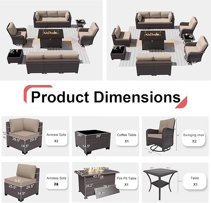 Kurapika 11 Pieces Patio Furniture Set, Rattan Wicker Outdoor Conversation Sets w/43in Propane Fire Pit Table, Swivel Rocking Chairs Patio Sectional Sofa w/4 Inch Cushion, Sand