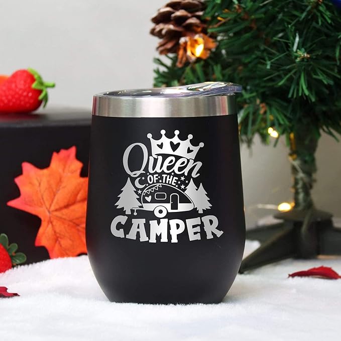 Queen of The Camper Wine Tumbler, Camping Gifts Coffee Mug Cup, Camp Wine Glass Stemless Tumblers with Lid Stainless Steel Insulated Vacuum, RV Gifts for Women Camper Travel Outdoors 12 Oz