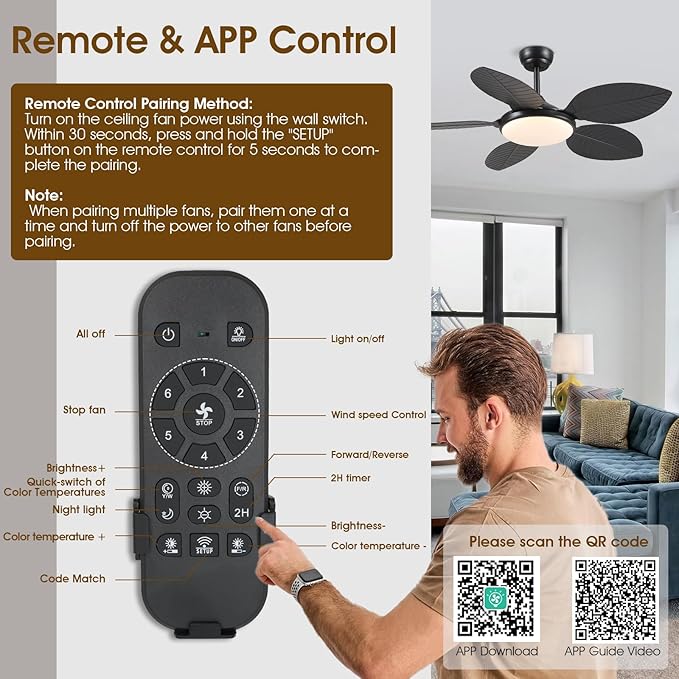 Ceiling Fans with Lights and Remote/APP Control, 48 Inch Tropical Ceiling Fan for Bedroom Living Room, Outdoor Palm Leaf Ceiling Fan for Patios Porch, Dimmable, 6 Speeds, Reversible, Black