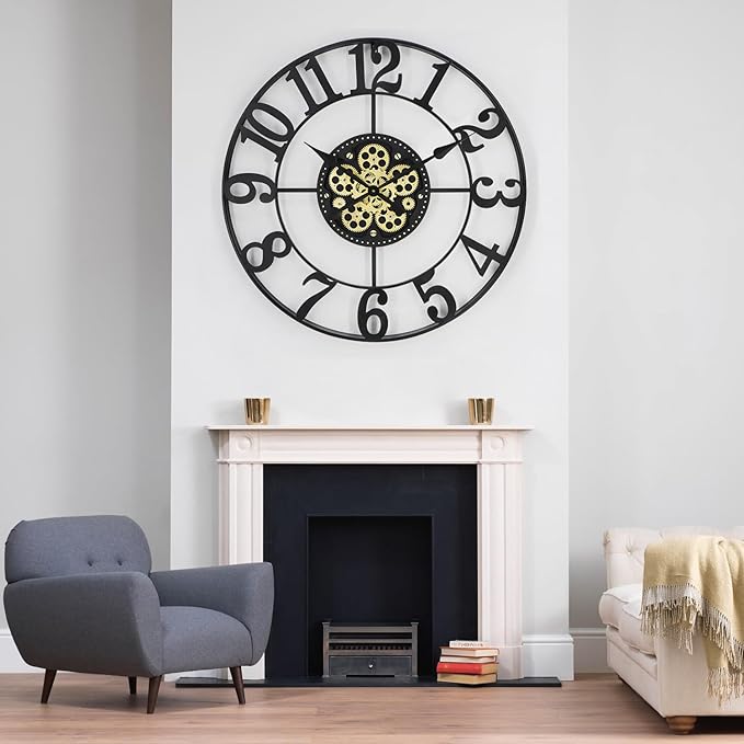 29 Inch Large Wall Clocks for Living Room Decor with Moving Gears,Large Wall Clock Industrial Steampunk,Oversized Metal Analog Wall Clocks for Farmhouse Home Battery Operated