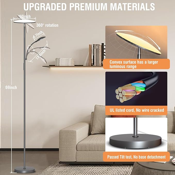 Gray Floor Lamps for Living Room, 44W/4500LM Super Bright 2 in 1 LED Floor Lamp with Remote, Stepless Dimmable, 69" Tall Standing Floor Lamp with Bendable Reading Light for Bedroom Office