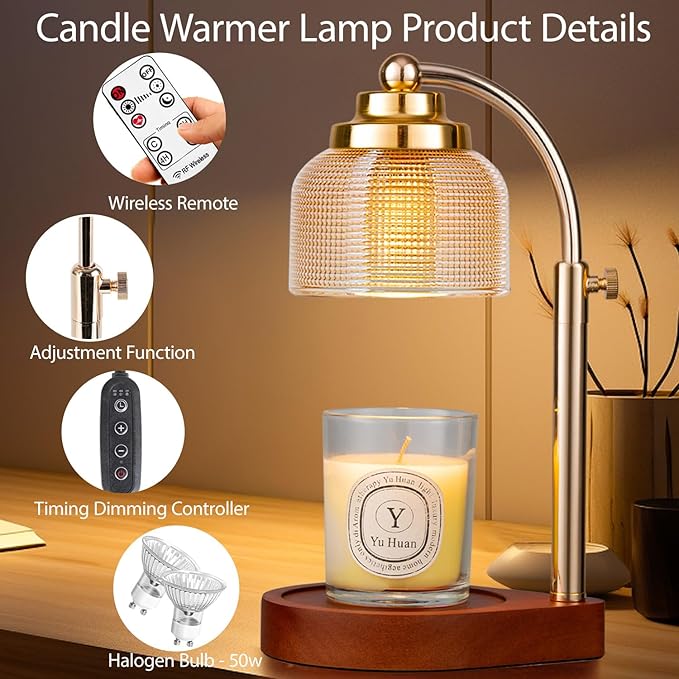 Candle Warmer Lamp Remote Control, Timer and Dimmer, Birthday Gifts for Women Mom Sister, House Warming Gifts Vintage Home Decor, Adjustable Height Wax Melt Warmer for Jar Candles with 2 Bulbs
