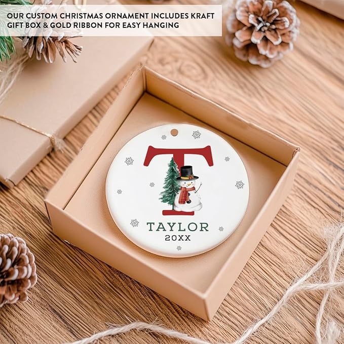 Andaz Press Personalized Christmas Ornament, Custom Name, Initial T Monogram Snowman 2.8" Ceramic Porcelain 2025 Christmas Ornament Keepsake for Kids, Boys, Girls Initial Ornament 1-Pack