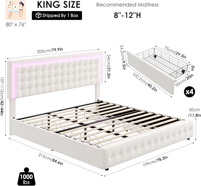 HIFIT Upholstered King Size LED Bed Frame with Charging Station and 4 Large Storage Drawer, Velvet Button Tufted King Platform Bed with Adjustable Headboard, No Box Spring Needed, Easy Assembly, Beige
