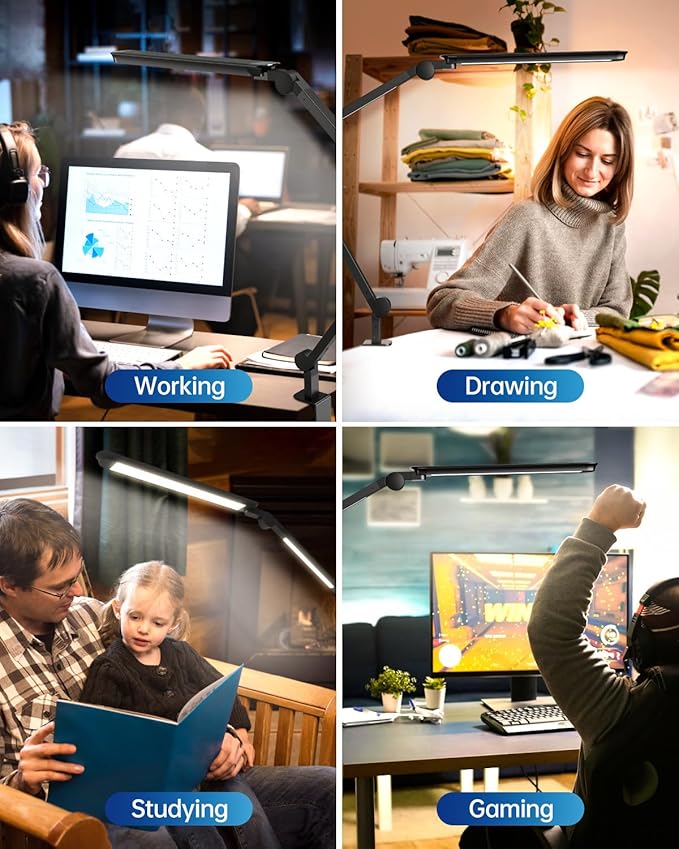 LED Desk Lamp with Clamp, Ultra-Bright Dual Light Architect Desk Light with Adjustable Swing Arm, Eye-Caring 4 Color Modes Stepless Dimming Task Table Lamp for Home Office Reading Study & Workbench