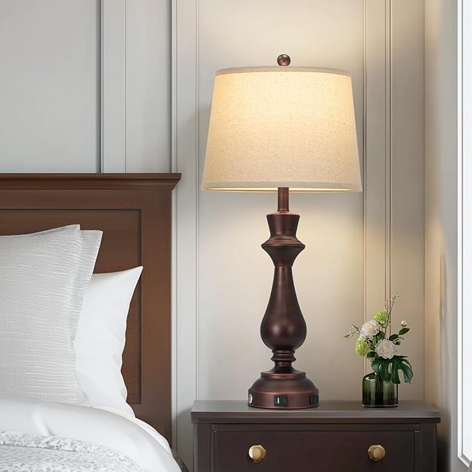 Vintage Table Lamps Set of 2 for Living Room,30" Tall Bedside Lamp with USB Charging Port,3-Way Dimmable Touch Nightstand Lamp for Bedroom Desk Side Table Office,Brown