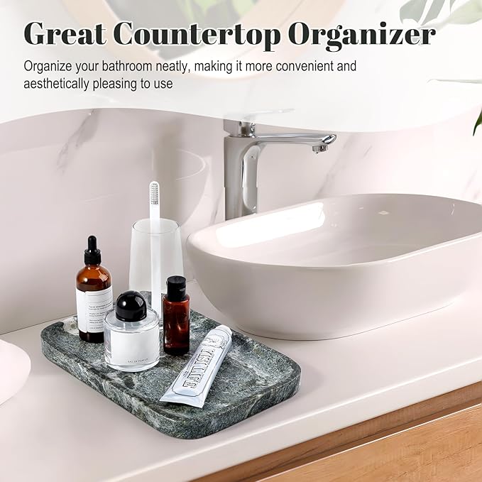 Koville Marble Tray, 12"x8" Natural Marble Vanity Tray for Countertop Bathroom Kitchen Dresser, Decorative Catchall Trays for Perfume Jewelry, Rectangular Stone Serving Tray(Green)