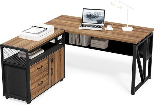 LITTLE TREE 55" Executive Computer Desk and Lateral File Cabinet, L-Shaped Office Desk with Storage for Home Office, Study Writing Workstation, Walnut + Black