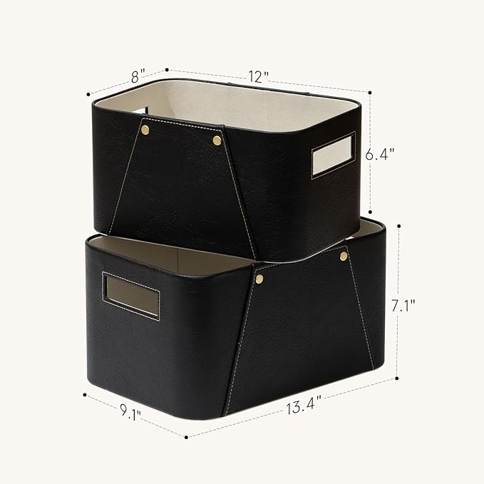 La Jolie Maison Storage Baskets for Organizing, 2 Pack, Luxury Vegan Leather Storage Cube Boxes for Closet Shelf Cabinet Bookcase, Carbon Black