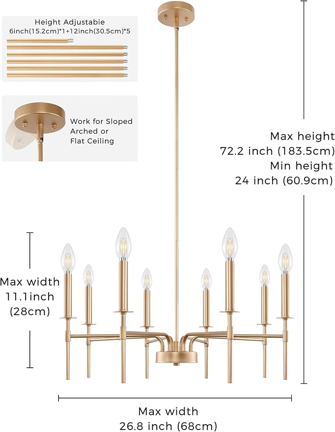 DORESshop Modern Chandelier for Dining Room, 8-Light 26.8" Gold Modern Chandelier for Dining Room, Adjustable Height Light Fixtures Over Table for Bedroom Kitchen Island Living Room