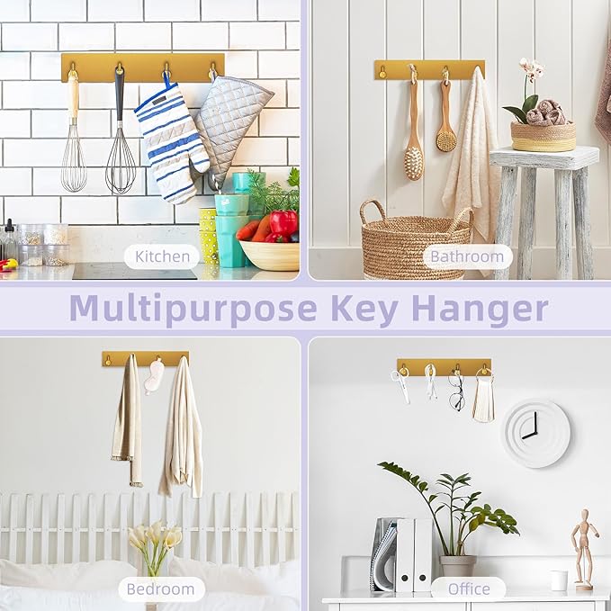 VIS'V Key Holder Wall Mount, Large Metal Self Adhesive Key Hanger with 4 Hooks, No Drilling, Extra Adhesive Strip, Gold