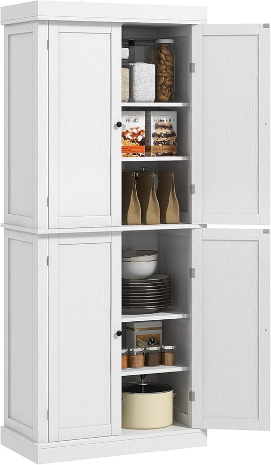 HOMCOM 72.5" Freestanding Kitchen Pantry Cabinet, Tall Storage Cabinet with 4 Doors and 2 Adjustable Shelves for Dining Room, White Wood Grain