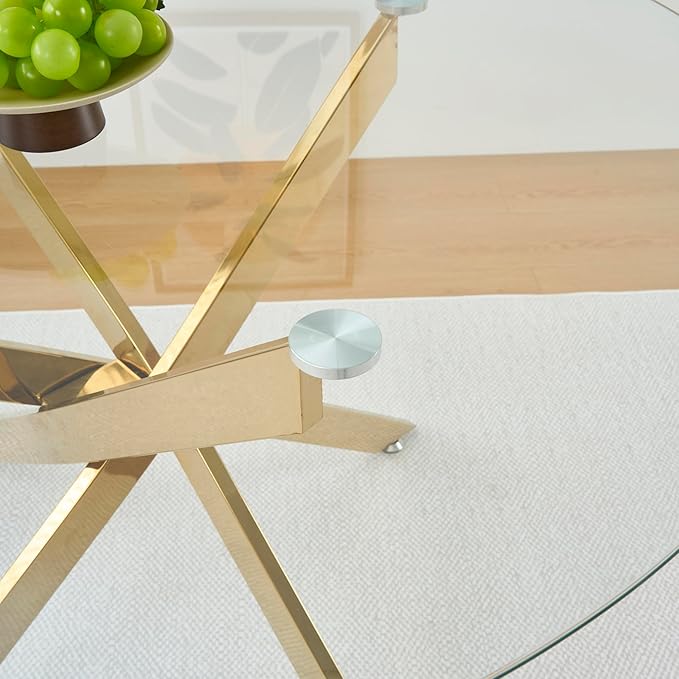 47.24" Round Glass Dining Table Modern Kitchen Glass Top Table for 6 with Gold Chrome Metal Legs, Clear Dining Table Kitchen Table for Home Office Dining Room