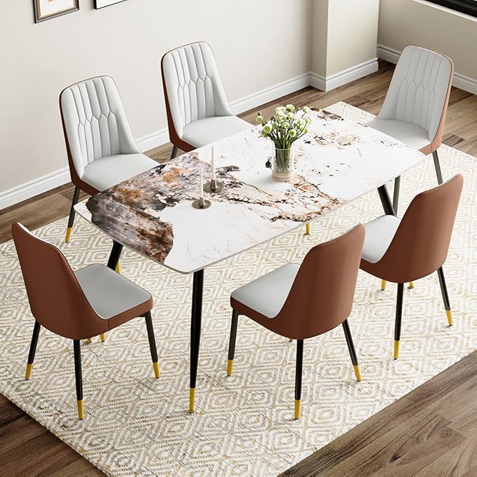 6 Person Dining Table Set, Sintered Stone Dining Table Set for 6, Kitchen Table Chairs Set of 6, Easy to Assemble