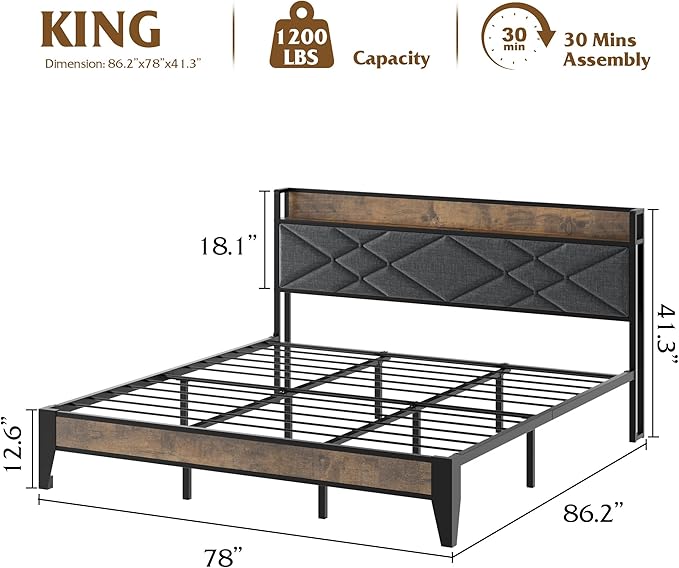 IDEALHOUSE King Size Bed Frame with Storage Headboard, Platform Bed with Charging Station, Solid Metal Bed Frame, No Box Spring Needed, Easy Assembly