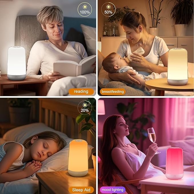 FRIDEKO HOME RGB Touch Bedside Lamp for Nightstand, 3 Color Temperatures Rechargeable Battery Night Light, Dimmable Mood Lighting for Bedroom Living Room Nursery, Breastfeeding, Kids, Adult