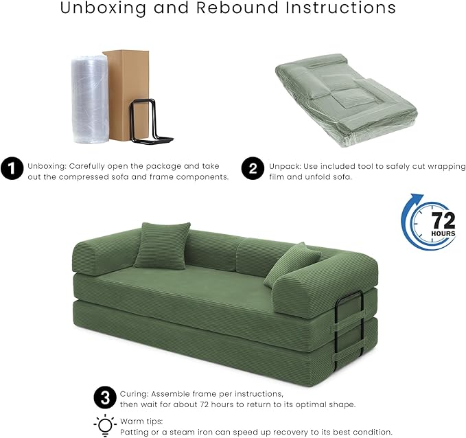 Compression Sofa - 79'' Convertible Sofa Bed, Boneless Couch in a Box, Modular Corduroy Foldable Sleeper Sofa with 2 Pillows, Loveseat Couches for Living Room (Corduroy Fabric, Dark Green)