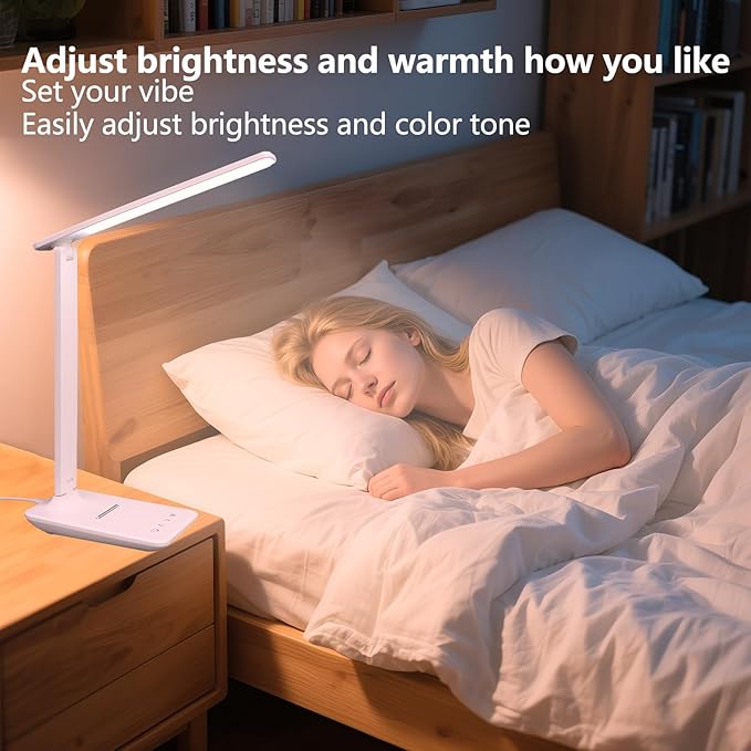 Led Desk Lamp Dimmable Table Lamp with USB Charging Port, 5 Lighting Modes, Sensitive Control, Foldable Portable Dorm Desk Lamps for Home Office Bedroom Reading Study Work (White)