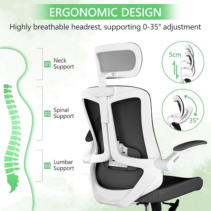 Office Chair,Ergonomic Comfy Home Desk Chair with 350LBS Capacity,High Back Gaming Chair with Wheels,Mesh Computer Chair,Lumbar Support, Adjustable Headrest,Flip-up Armrest (B-Black + White)
