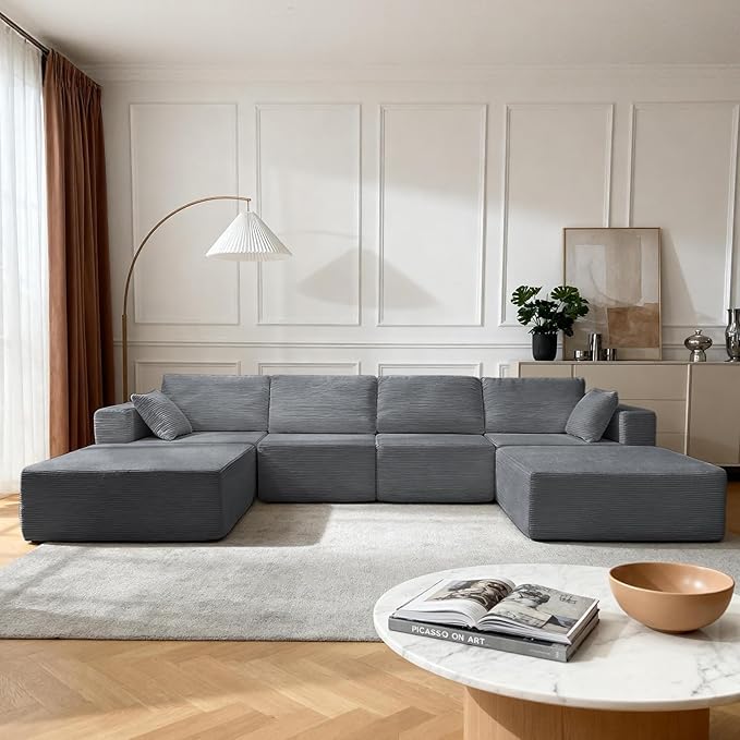 137” Modular Sectional Sofa Couch, 4-Seater U-Shape Sofa with Ottoman, Memory Foam Compressed Sofa, Free Combination Couch for Living Room,No Assembly Needed (Grey, 4 Seats+ 2 Ottoman)