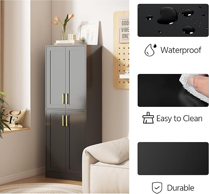 Tall Storage Cabinet with Doors & Shelf for Bathroom, Living Room, Entryway - Black