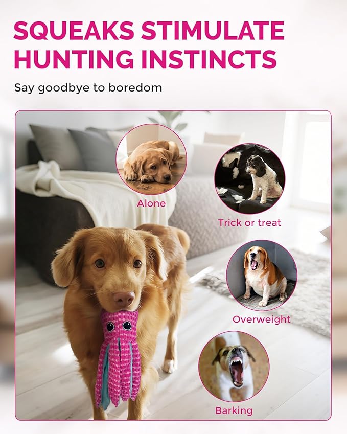 Squeaky Dog Toys for Large Dogs - Durable Dog Toys for Aggressive Chewers to Keep Them Busy - Interactive Plush Chew Toy with Squeaker & Crinkle Paper for Training Reward & Gift - Pink