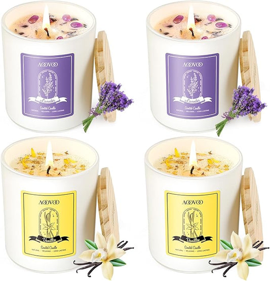 AOOVOO Lavender Candles Set for Women - 4 Pack Candles for Home Scented, 28 oz 200 Hour Long Lasting Aromatherapy Candle with Crystals Inside, Birthday Gifts Christmas Candle for Women Mom