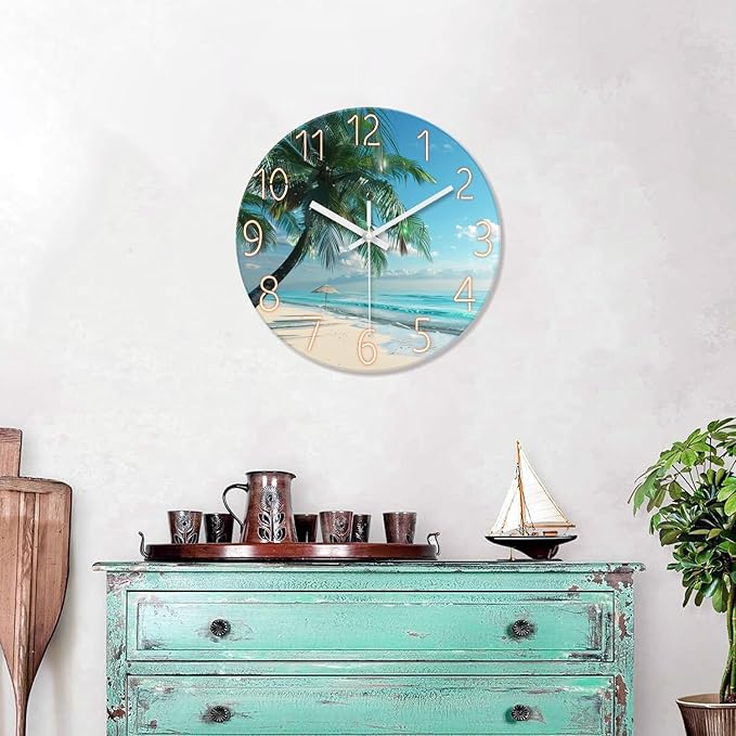 XFM Blue Beach Wall Clock 20 Inch Silent Wall Clocks Battery Operated Coastal Theme Palm Tree Wall Clock Decorative for Living Room Kitchen Bedroom Office
