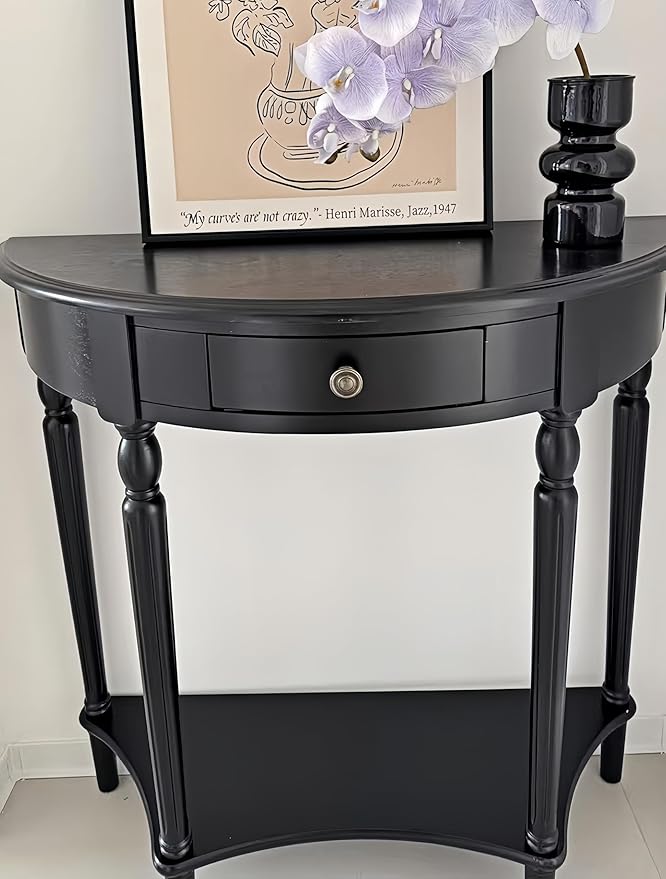 Solid Wood Console Table with Drawer, Semi-Circle Entryway Storage Shelf, Half-Moon Porch Table Side Elegant Vintage Sofa for Living Room (Black (23.6" L x 11.8" W x 31.5" H))