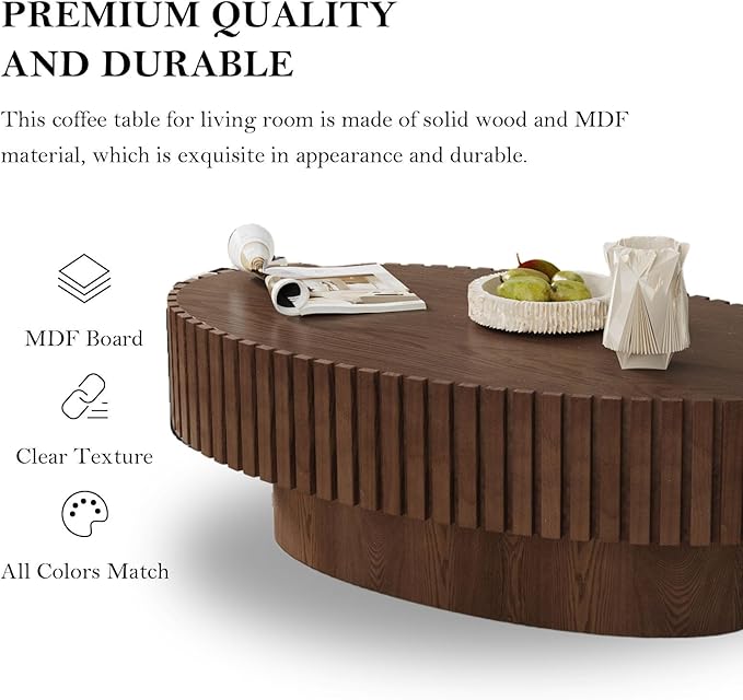 Oval Coffee Table, Handcrafted Fluted Drum Coffee Tables Modern Wood Coffee Table Drum Center Table for Living Room, Apartment (Oval Brown)
