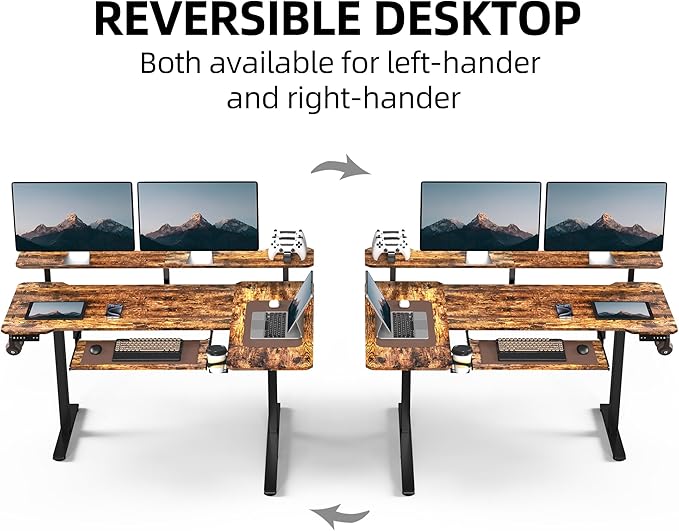 59 Inch L Shaped Standing Desk with Shelves and Keyboard, Electric Corner Standing Desk Adjustable Height, Sit Stand Computer Table with Reversiable Splice Board，Rustic Brown