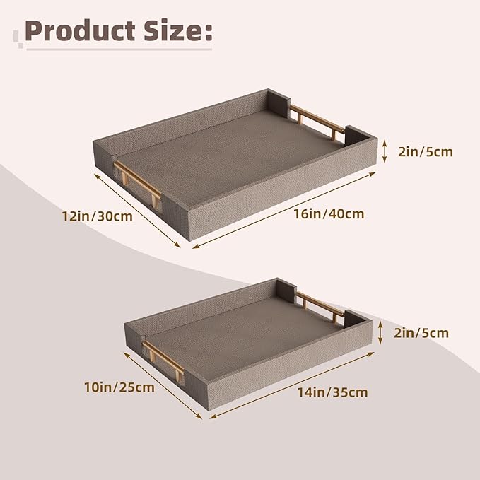 2 Piece Woven Leather Ottoman Tray with Gold Handles, Perfect Rectangular Serving Tray for Living Room, Coffee Table Tray as Thoughtful Gift for Home Decor Enthusiasts (Coffee Brown)