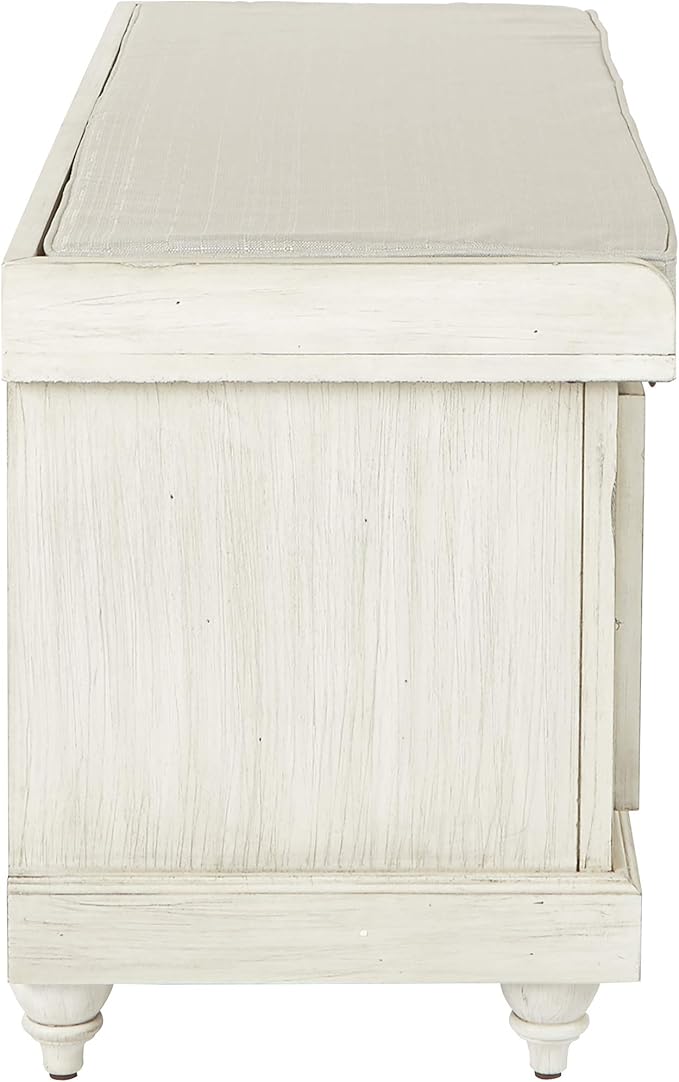 OSP Home Furnishings Dover Coastal Lift-Top Storage Bench with Shutter Face Styling, White Wash Finish with Off-White Fabric Cushion