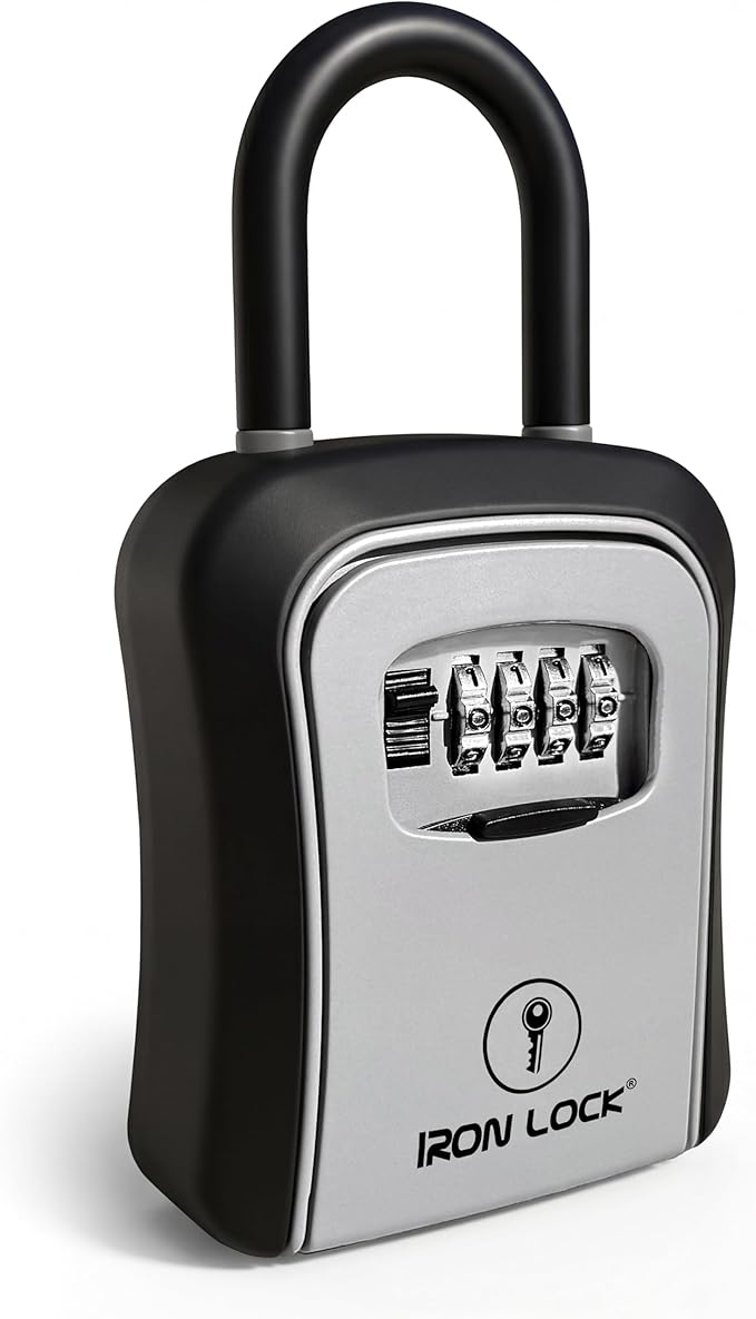 Iron Lock® Key Lock Box Portable with U-Shackle & Wall Mount – Medium Waterproof Heavy-Duty Metal Safe with 4-Digit Combination for Spare Keys Outside on Door Knob, Fence or Gate (Grey, Medium)