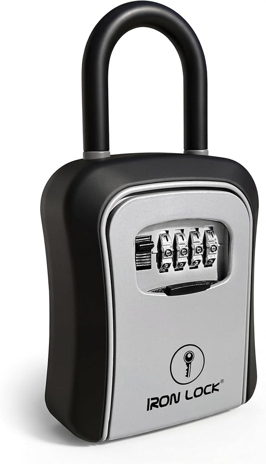 Iron Lock® Key Lock Box Portable with U-Shackle & Wall Mount – Medium Waterproof Heavy-Duty Metal Safe with 4-Digit Combination for Spare Keys Outside on Door Knob, Fence or Gate (Grey, Medium)