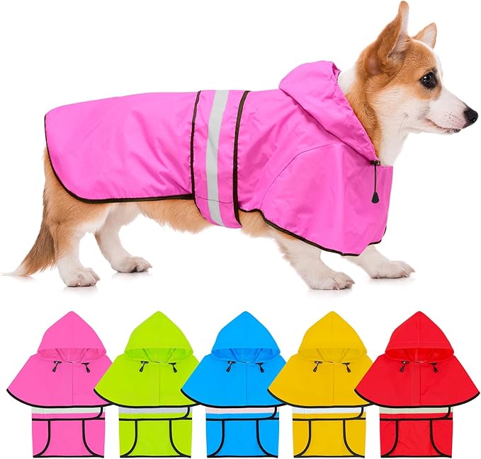 Fashion Hooded Dog Raincoat - Reflective Dog Rain Jacket Adjustable Puppy Raincoats Lightweight Pet Rain Coat for Small Dogs (Small, Pink)