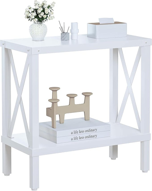 Narrow End Table, Large Sofa Side Table, Farmhouse Nightstand with Storage Shelve, Slim Bedside Table for Living, Room Bedroom, Lounge White MLBZ17W