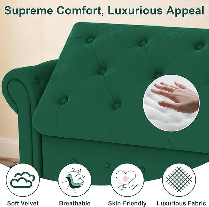 GNIXUU Ottoman with Storage Bench for Bedroom, 63" Velvet Upholstered End of Bed Storage Bench Seat, Rolled Arm Cushioned Ottoman with Wood Legs, Modern Window Chair for Living Room, Entryway, Green