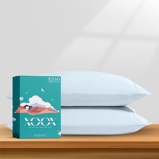 XOOX Linen 100% Egyptian Cotton Pillow Cases Standard/Queen Size Set of 2 - Luxury 1200 Thread Count Sateen Light Blue Pillow Cases, Silky Soft Cooling Pillowcases Fits Standard & Queen Size Pillows
