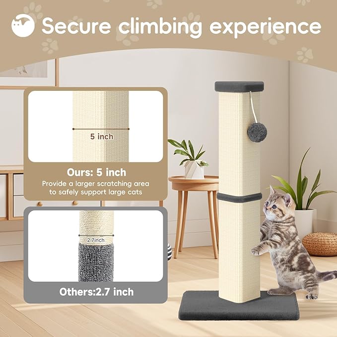 Cat Scratching Post, 32 Inch Tall Scratching Post for Indoor with 5 Inch Diameter Posts and Ball Cat Scratcher for Medium and Large Cats