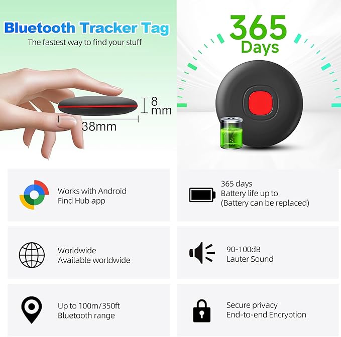 Tracker Tags-4 Pack Android Bluetooth Tracker for Android Tracker Tags, Google's Find Hub App, Item Finder for Android Luggage Tag Tracker, Waterproof Item Locator for Keys, Wallet, Pets (Black)