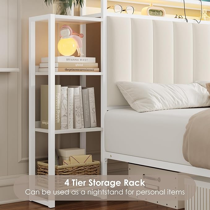 Keyluv Full LED Bed Frame with Storage Headboard & 2 Drawers, Upholstered Platform Bed with Charging Station & Bedside Storage Rack, Metal Slat Support, No Box Spring Needed, Velvet Fabric, White
